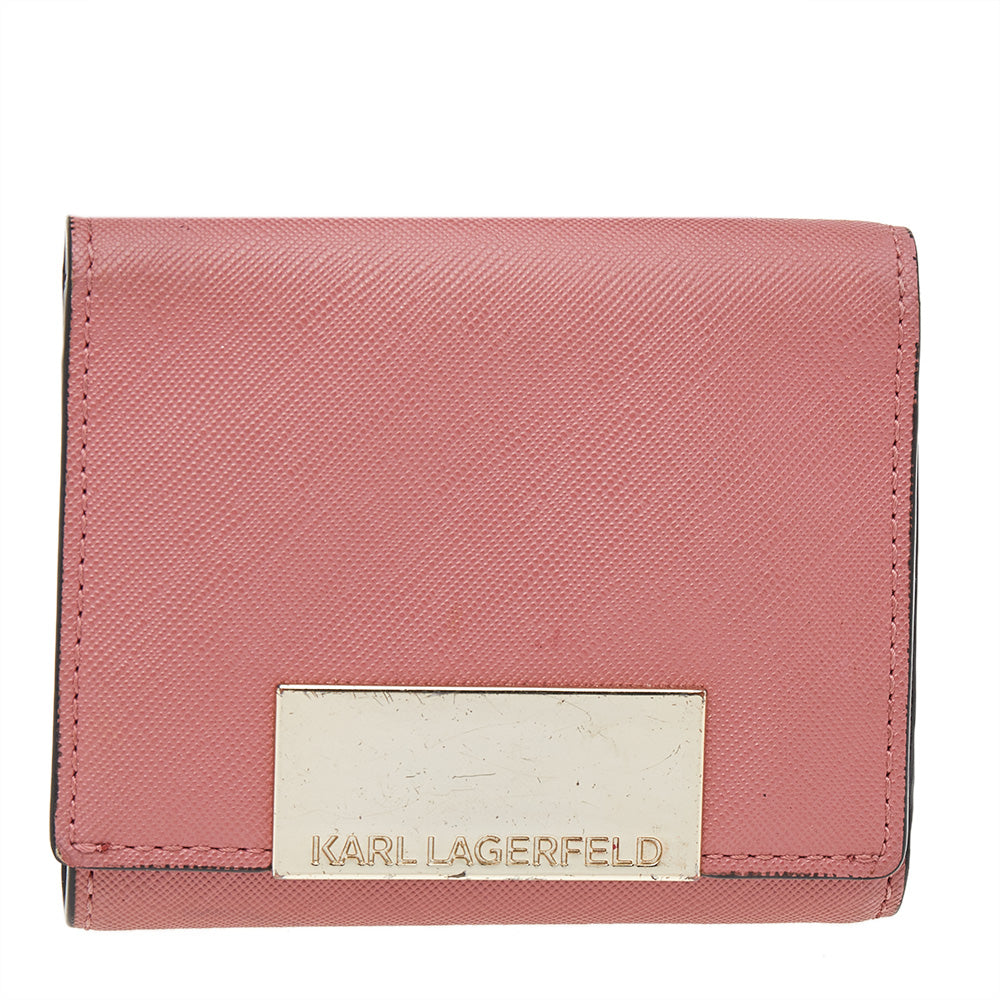 Karl Lagerfeld Pink Saffiano Leather Trifold Wallet