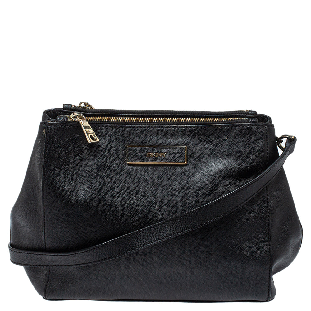 DKNY Black Leather Double Zip Shoulder Bag