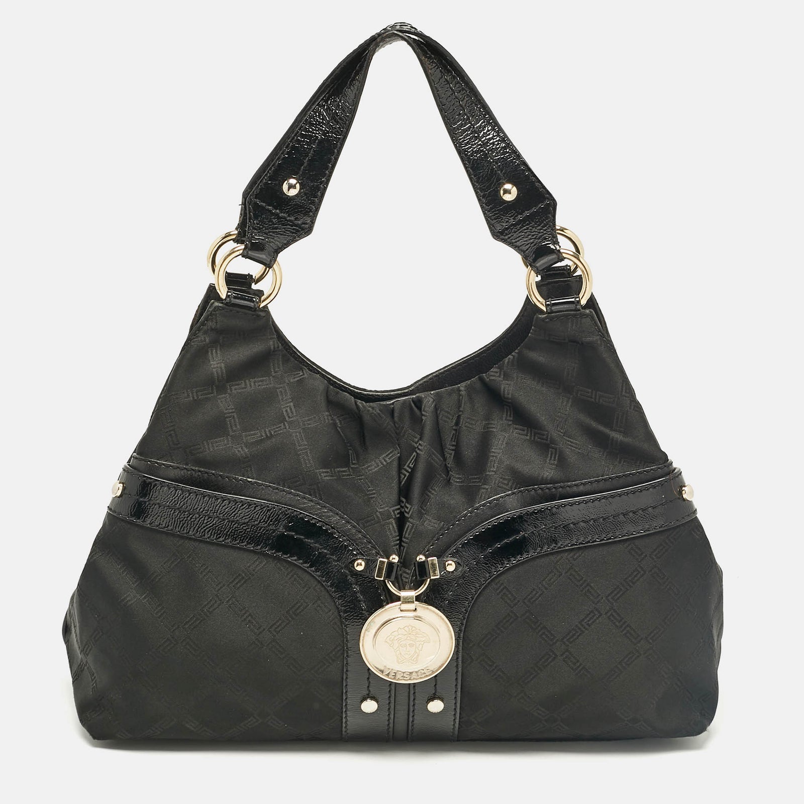 Versace Black Nylon and Patent Leather Logo Shoulder Bag