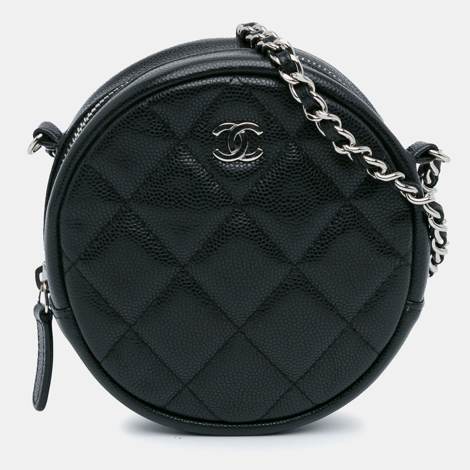 Chanel CC – Gesteppte, runde Caviar-Clutch mit Kette