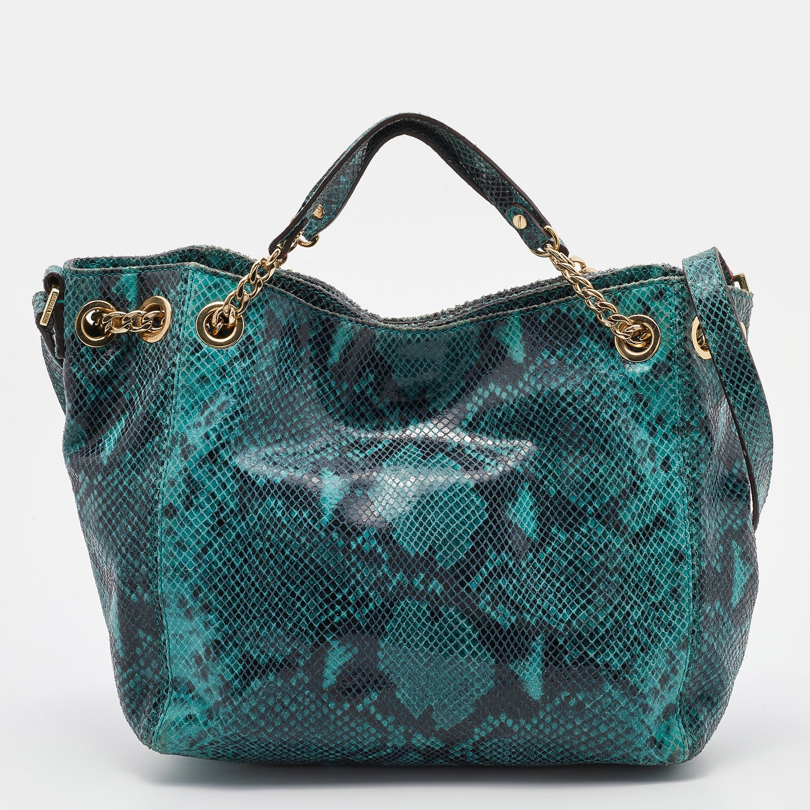 Michael Kors Green/Black Python Embossed Leather Jet Set Chain Hobo