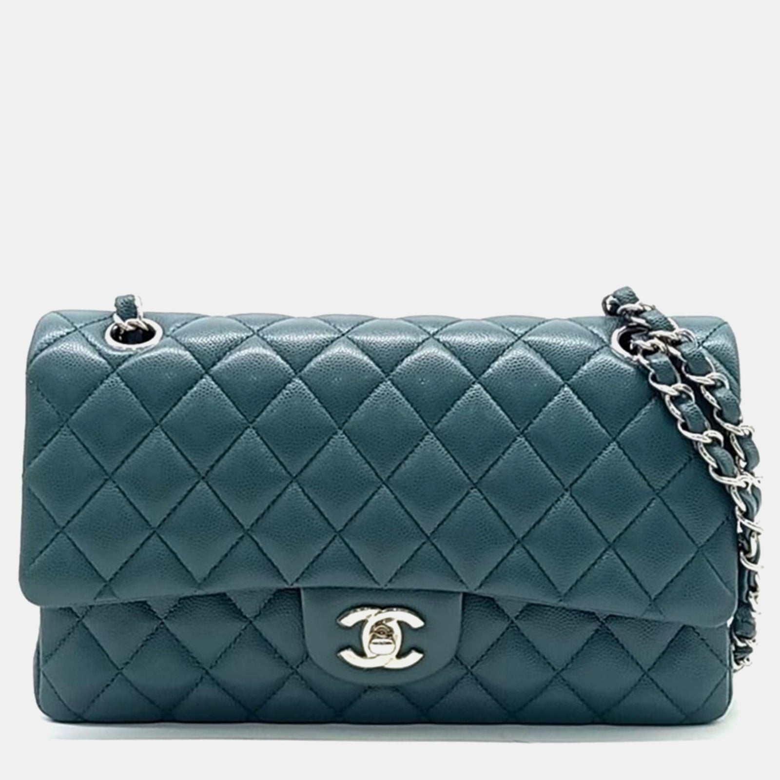 Chanel Sac à rabat classique de taille moyenne en cuir caviar vert