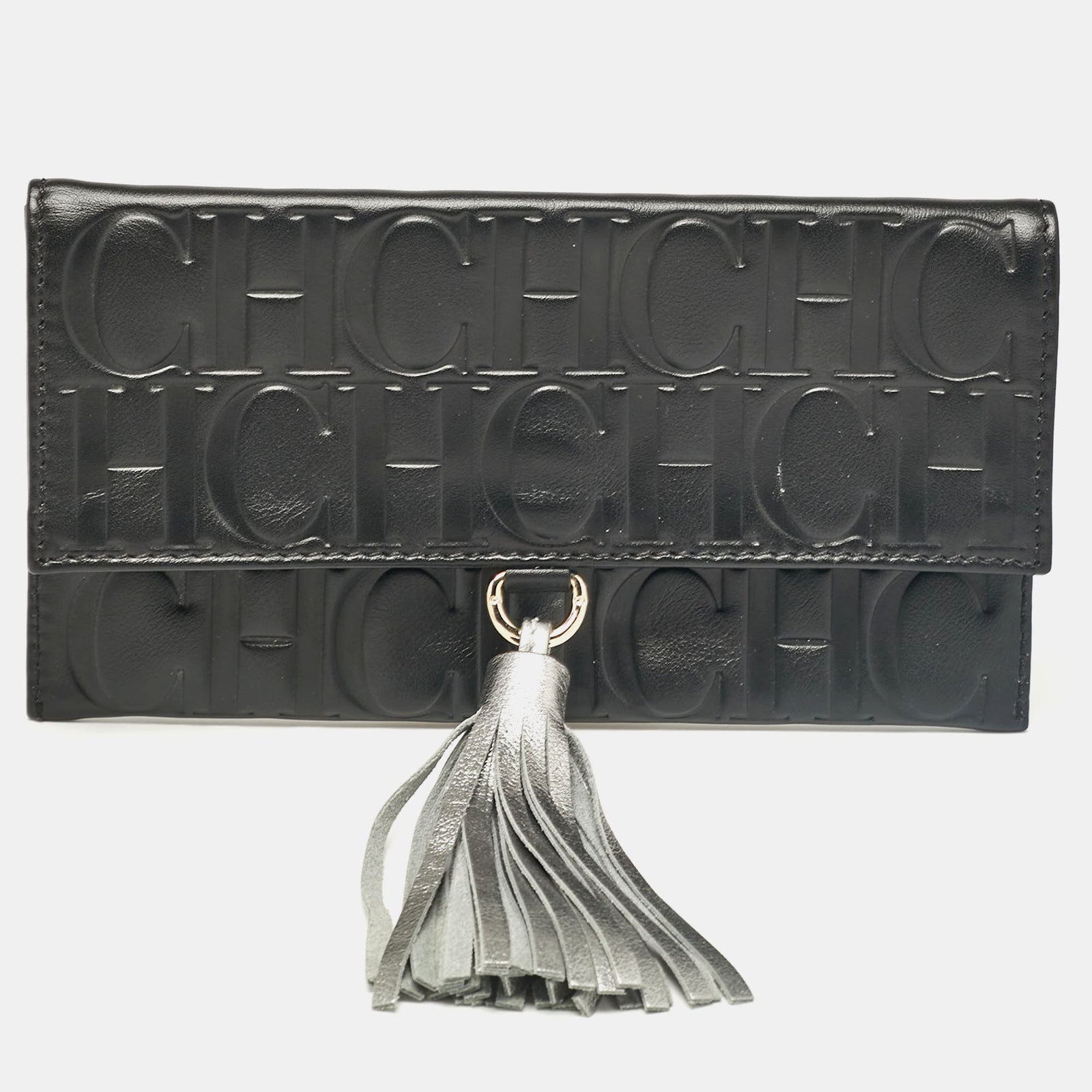 Carolina Herrera Black Monogram Embossed Leather Tassel Clutch