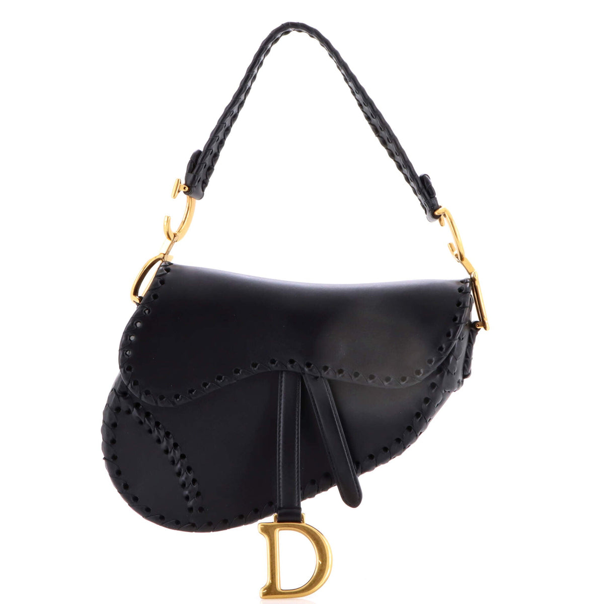 Christian Dior Saddle Handbag with Strap Whipstitch Leather Medium
