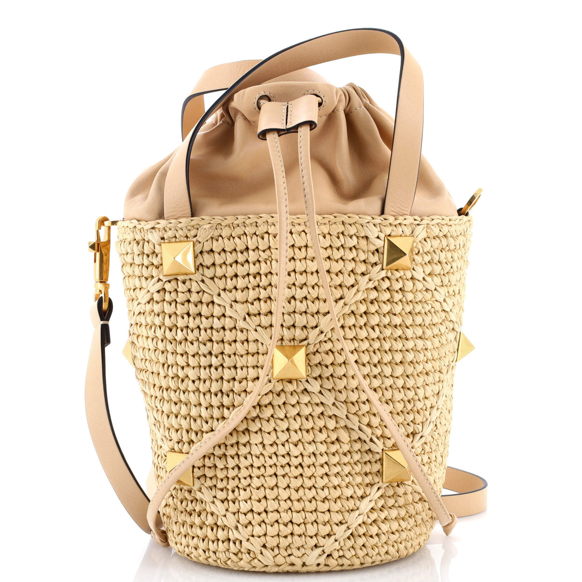 Valentino VALENTINO GARAVANI Roman Stud Bucket Bag Raffia and Leather