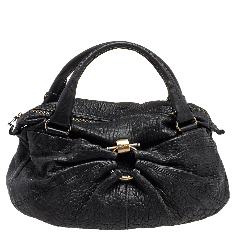 Salvatore Ferragamo Black Leather Gancini Hobo