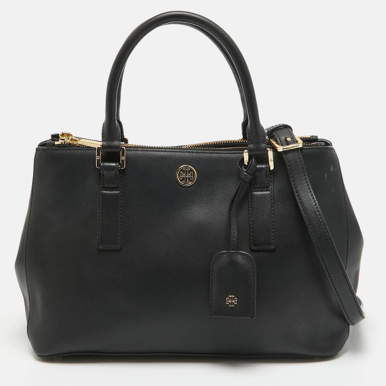 Tory Burch Black Saffiano Leather Double Zip Robinson Tote