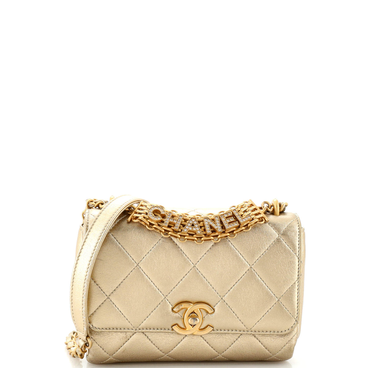 Chanel CHANEL Crystal Logo Letters Chain Handle Flap Bag Quilted Lambskin Mini