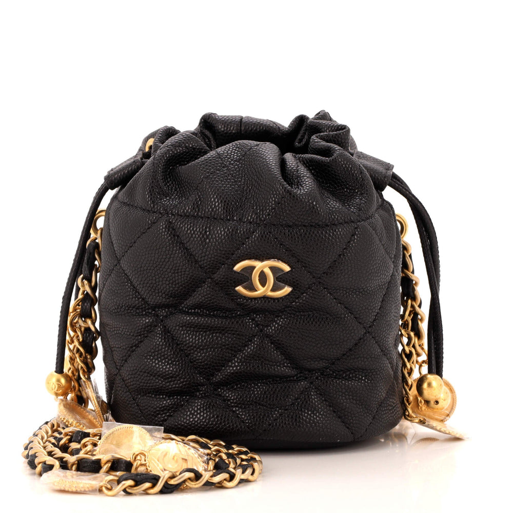 CHANEL Medallion Charms Drawstring Bucket Bag Quilted Caviar Mini