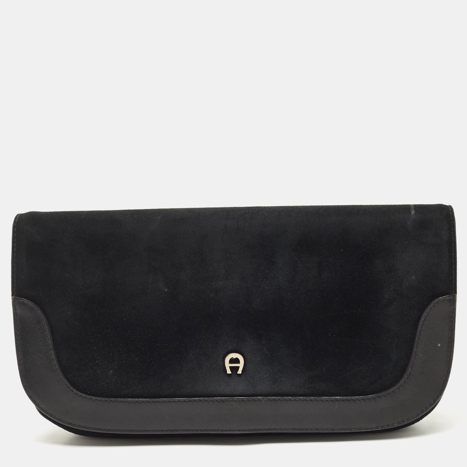 Aigner Black Suede And Leather Logo Flap Clutch