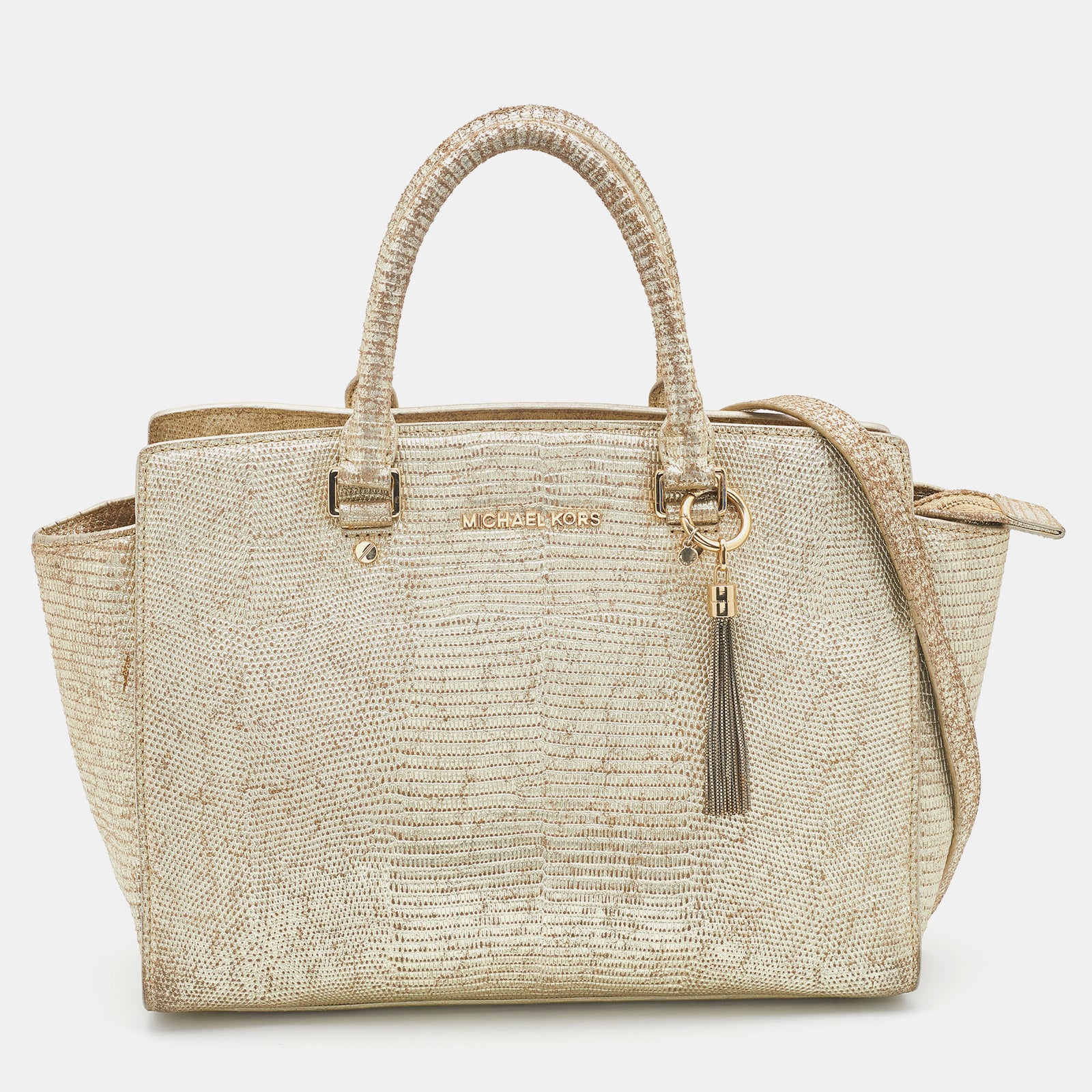 Michael Kors Gold Snakeskin Embossed Leather Large Selma Satchel