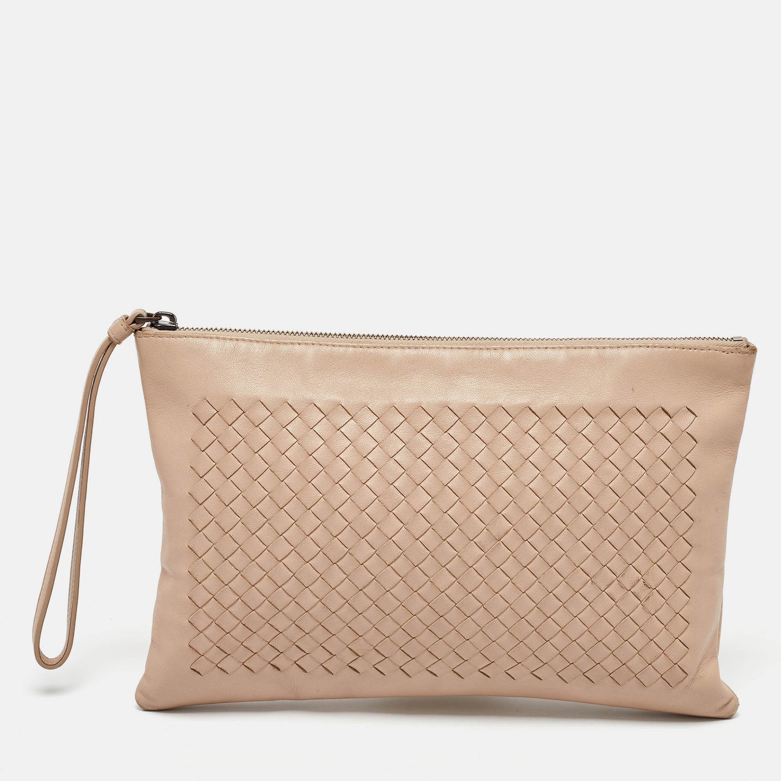 Bottega Veneta Beige Intrecciato Leather Zip Wristlet Pouch