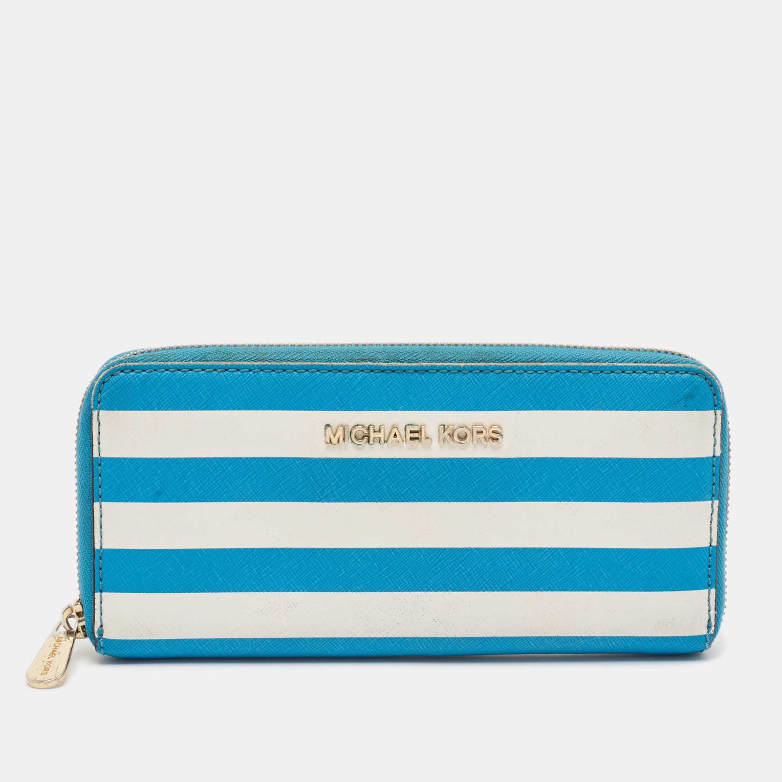 Michael Kors Blue/White Leather Stripe Zip Continental Wallet