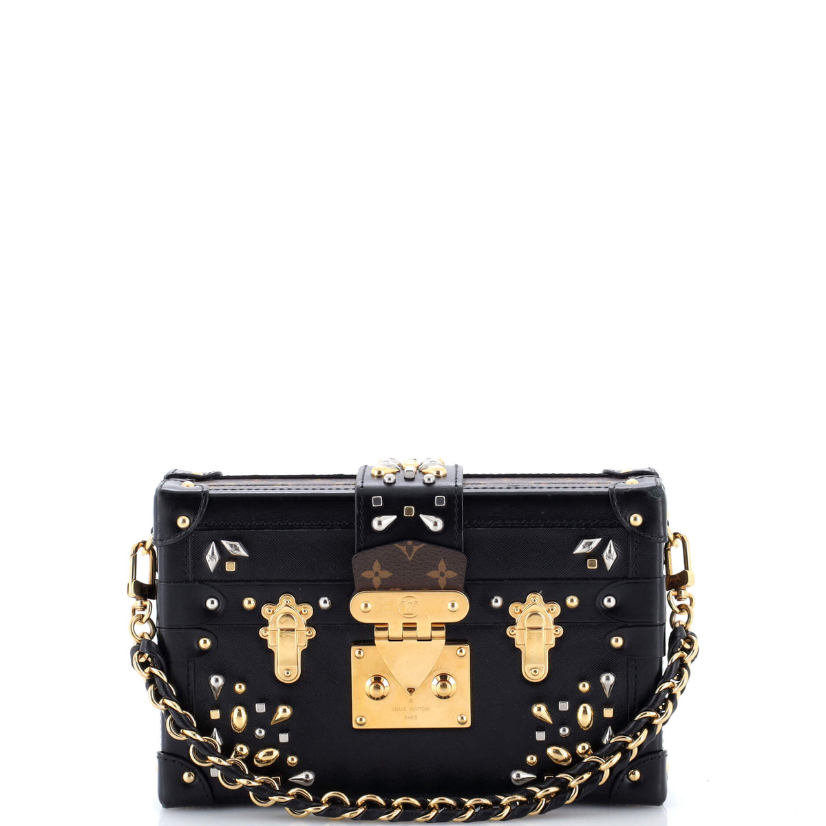Louis Vuitton Petite Malle Handbag Studded Taiga Leather and Monogram Canvas