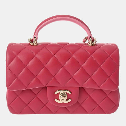 Pink Leather Rectangular Mini Top Handle Flap Bag