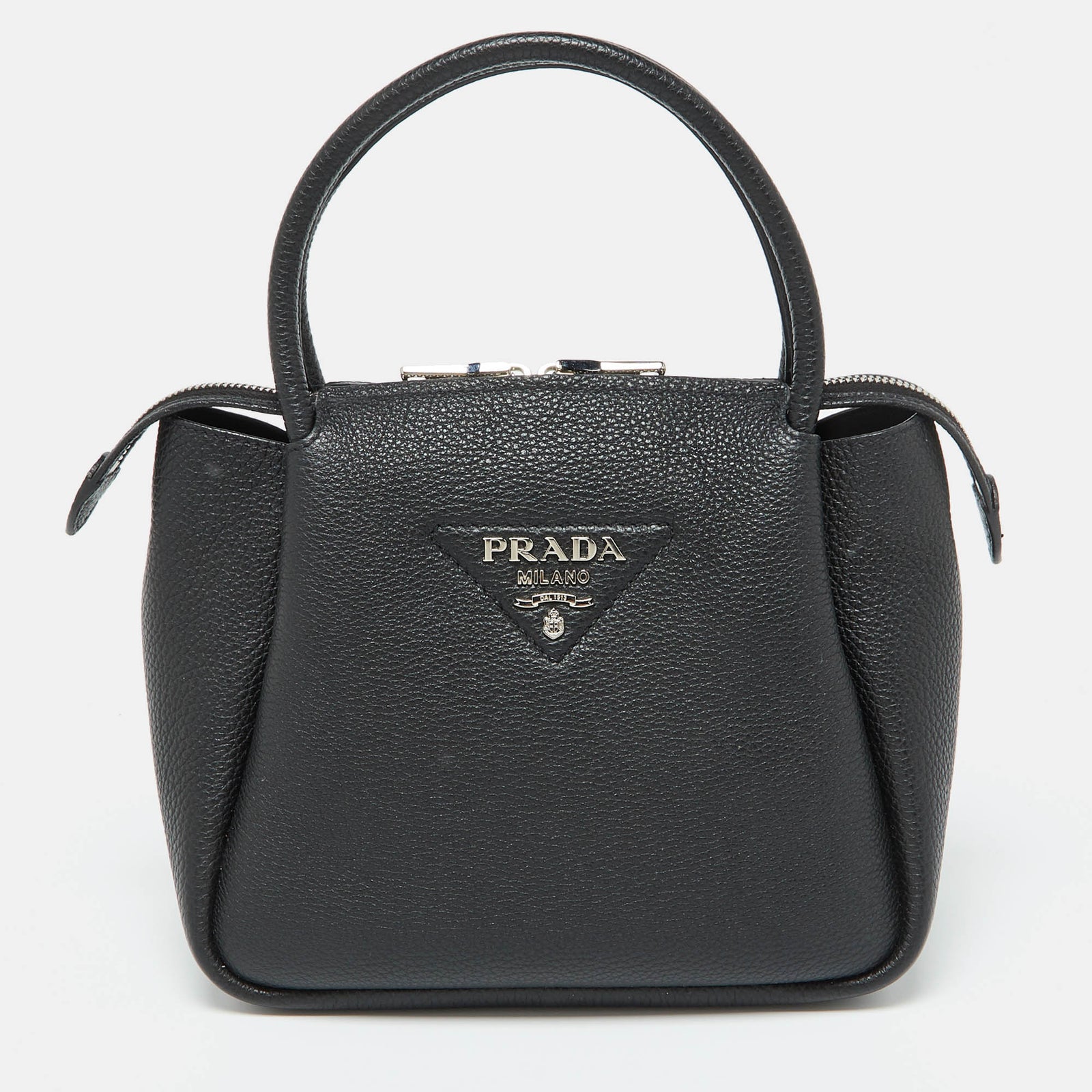 Prada Black Vitello Leather Daino Top Zip Satchel