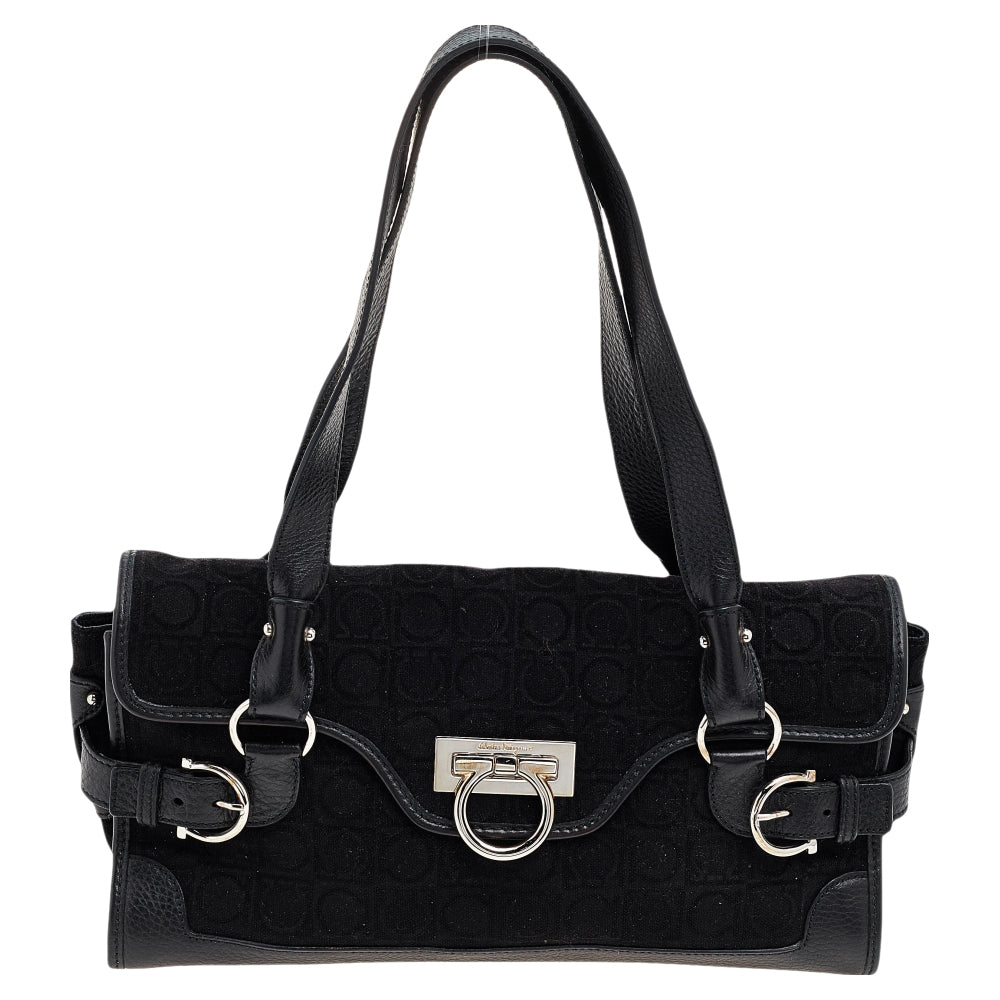 Salvatore Ferragamo Black Gancini Velvet And Leather Shoulder Bag