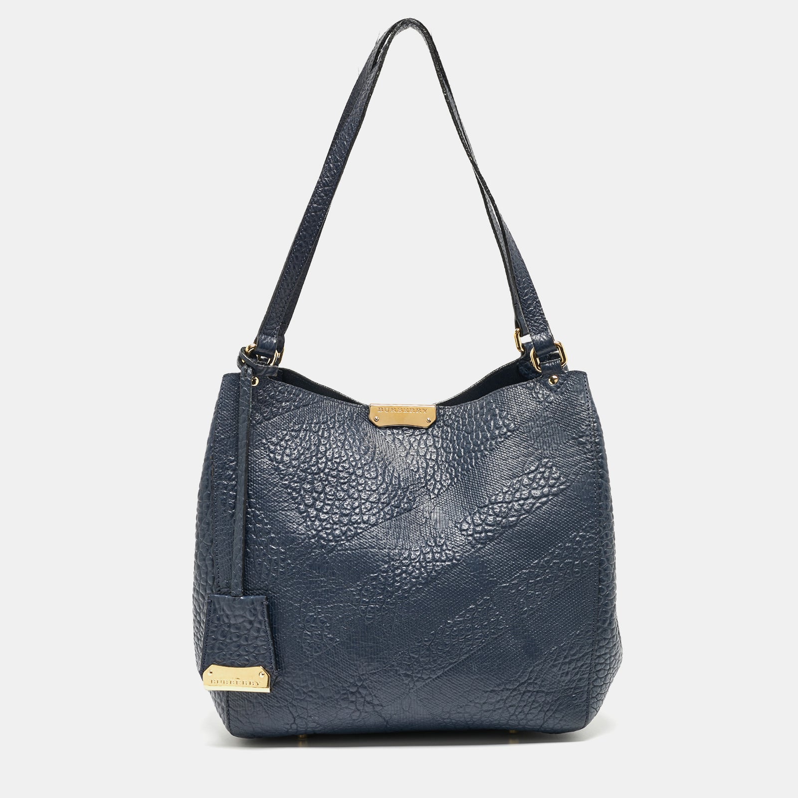 Burberry Navy Blue Embossed Leather Canterbury Tote