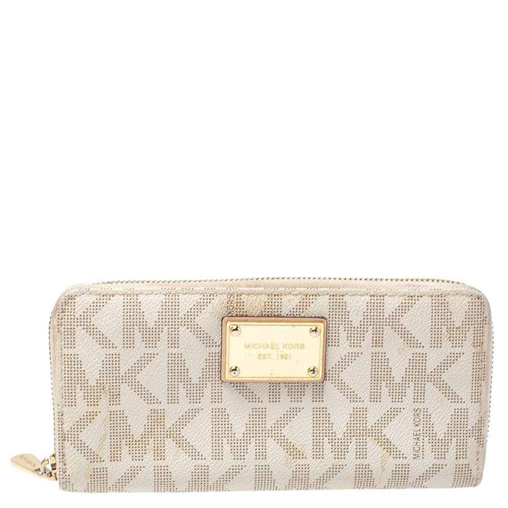 Michael Kors White Monogram Coated Canvas Zip Around Wallet