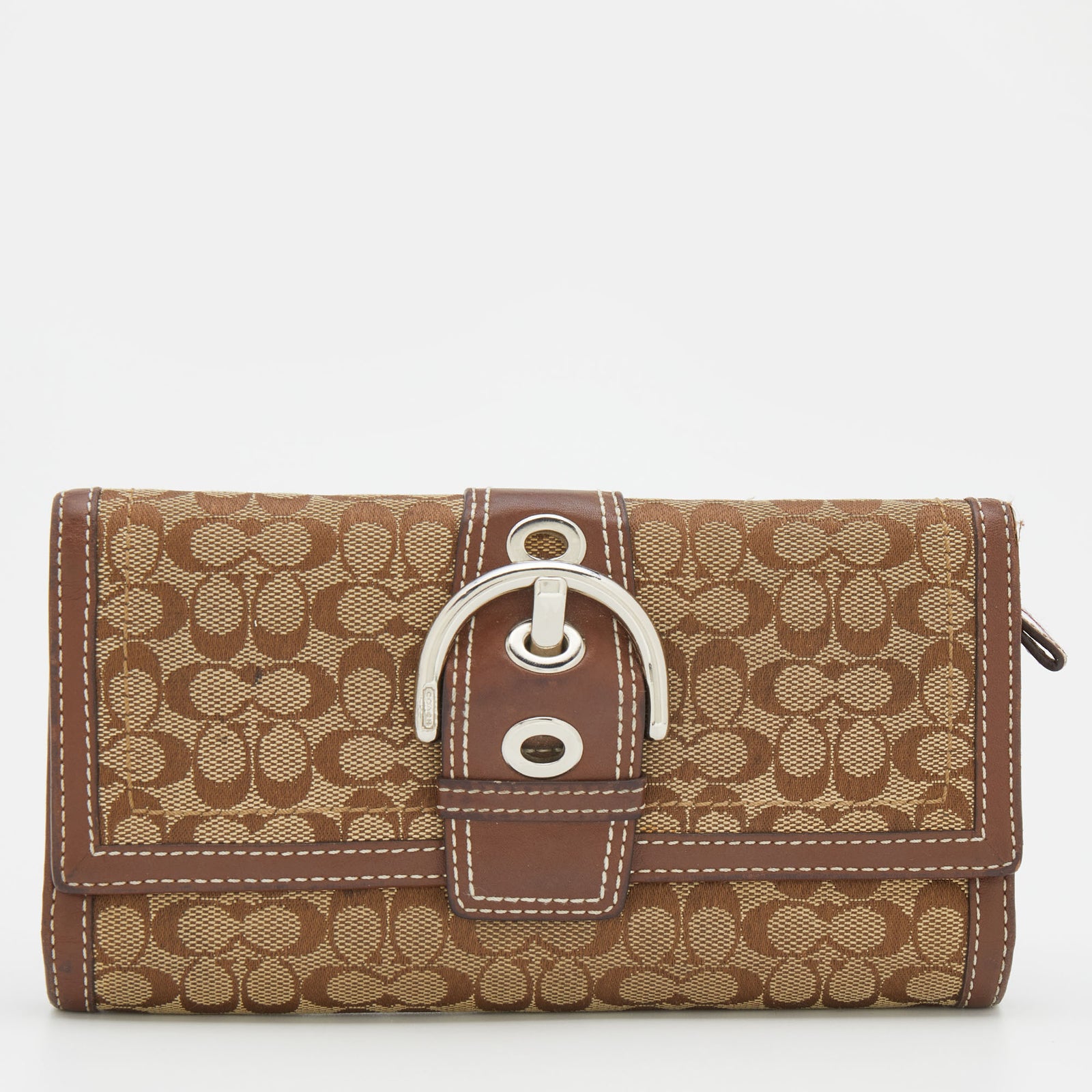 Coach Beige/Brown Signature Canvas and Leather Buckle Detail Continental Wallet