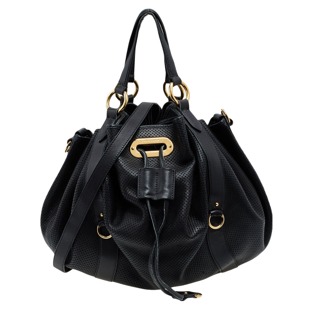 Ralph Lauren Black Perforated Leather Drawstring Hobo