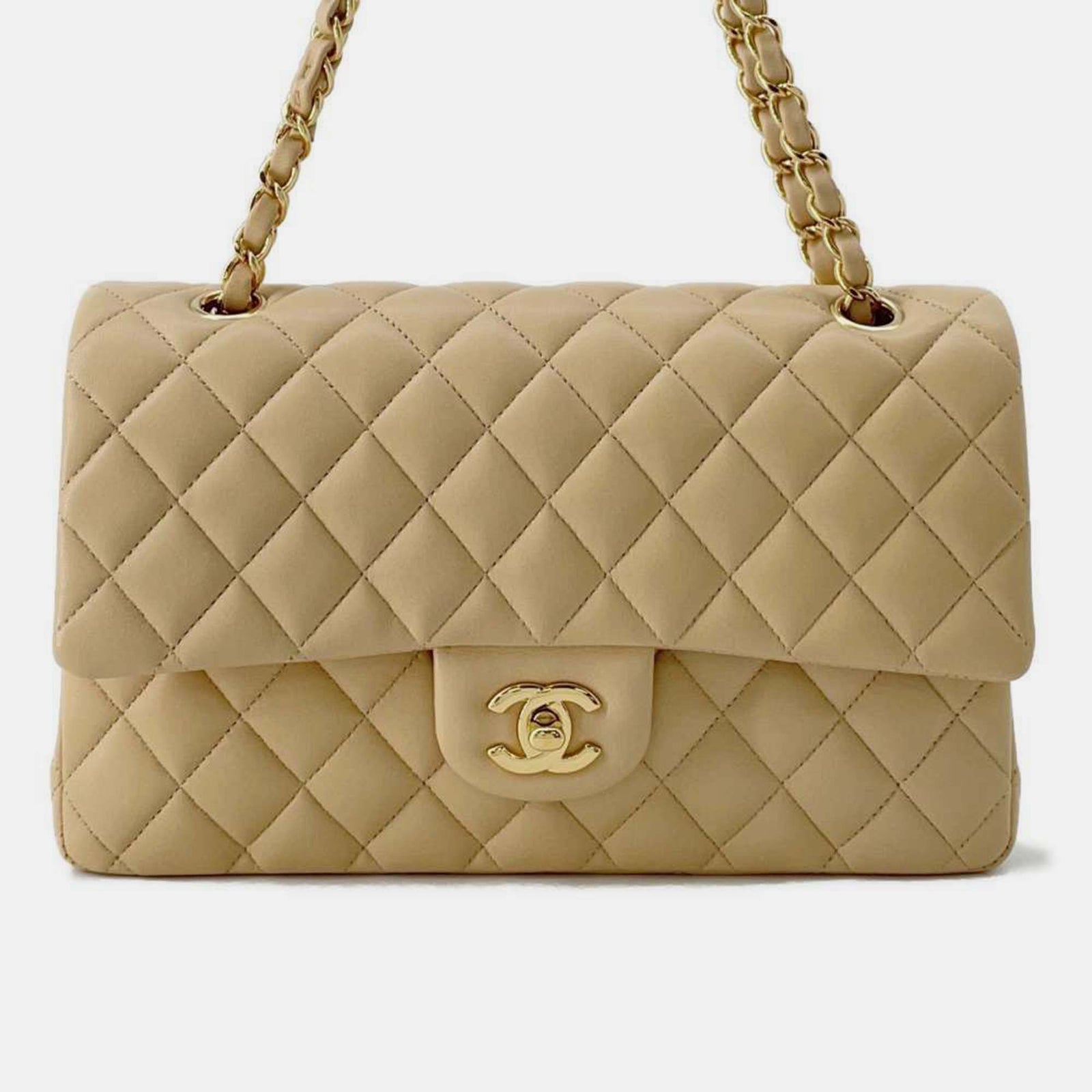 Chanel Mittelgroße klassische Schultertasche aus Leder mit Doppelklappe in Beige