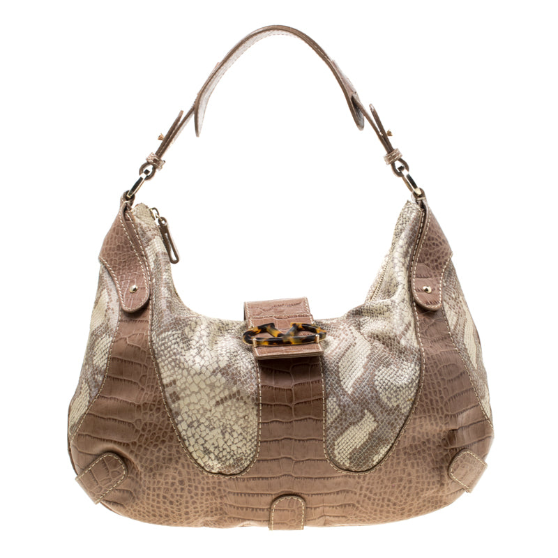 Valentino Beige Croc Embossed Leather and Python Print Canvas Hobo
