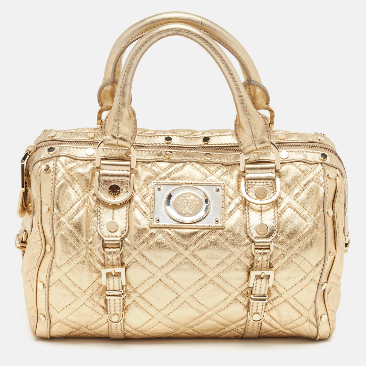 Versace Gold Quilted Leather Studded Medusa Head Boston Bag