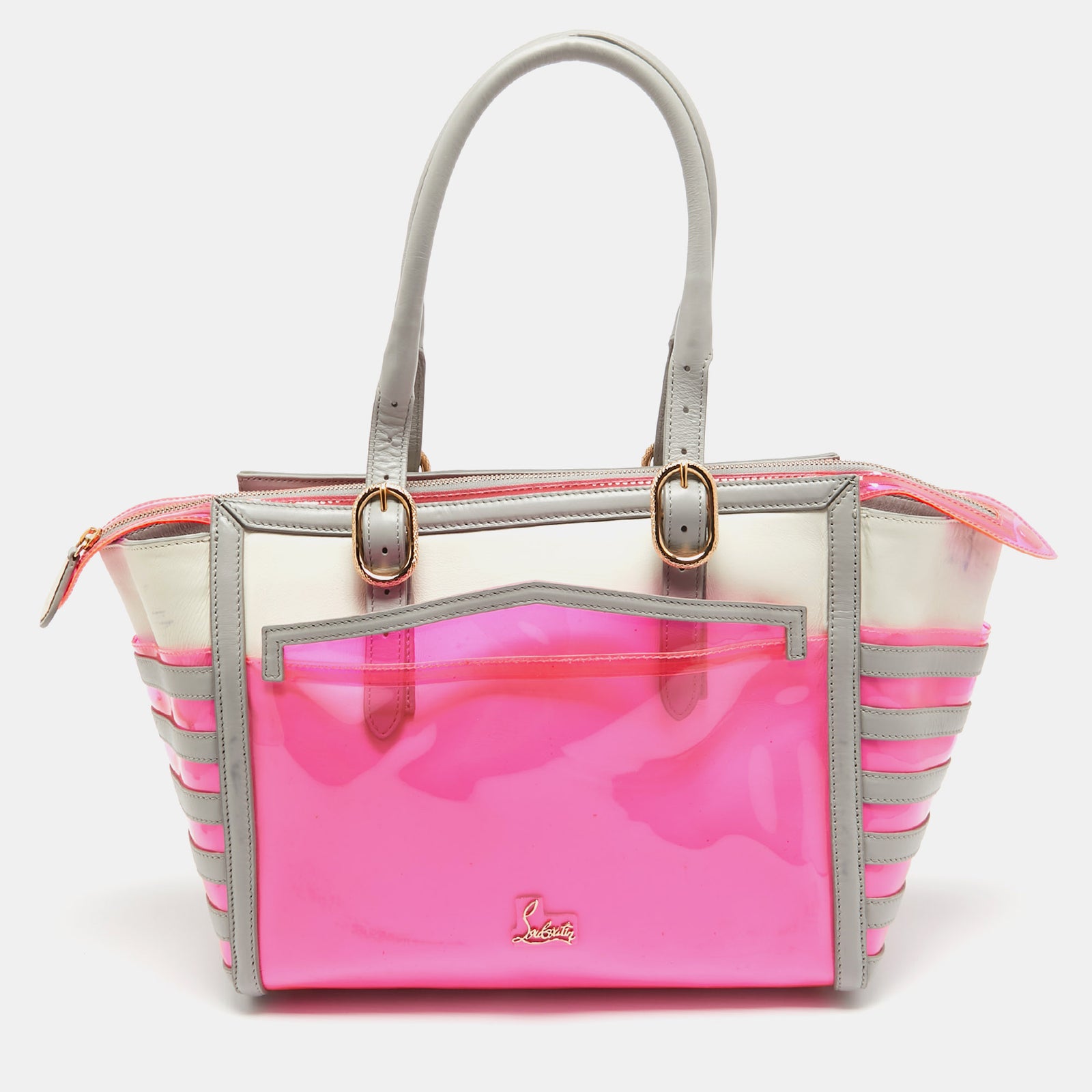 Christian Louboutin Pink/Grey PVC and Leather Stripe Tote