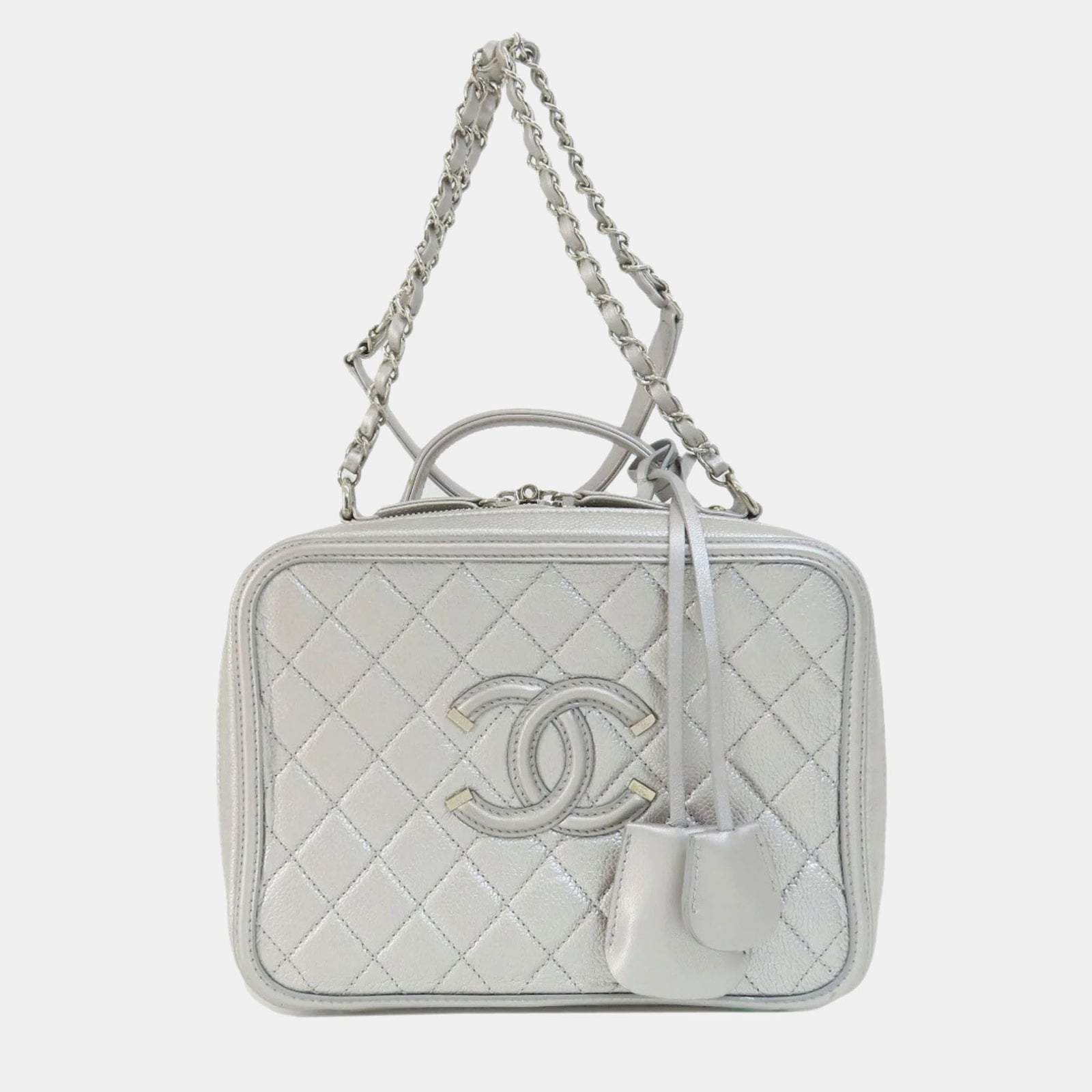 Chanel Silver Metallic Caviar Quilted Large CC Filigree Vanity Case  Shoulder Bag