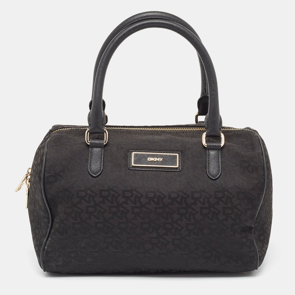 DKNY Black Monogram Canvas and Leather Logo Satchel