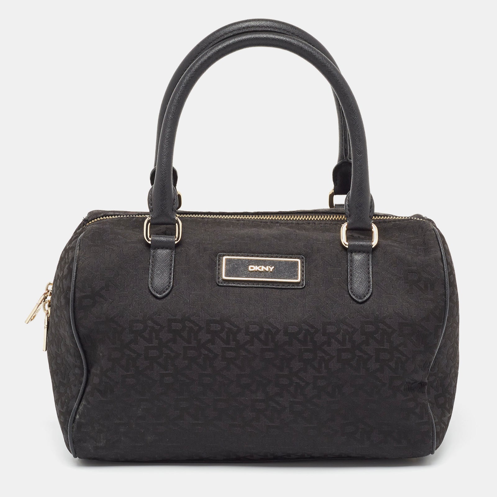 DKNY DKNY Black Monogram Canvas and Leather Logo Satchel