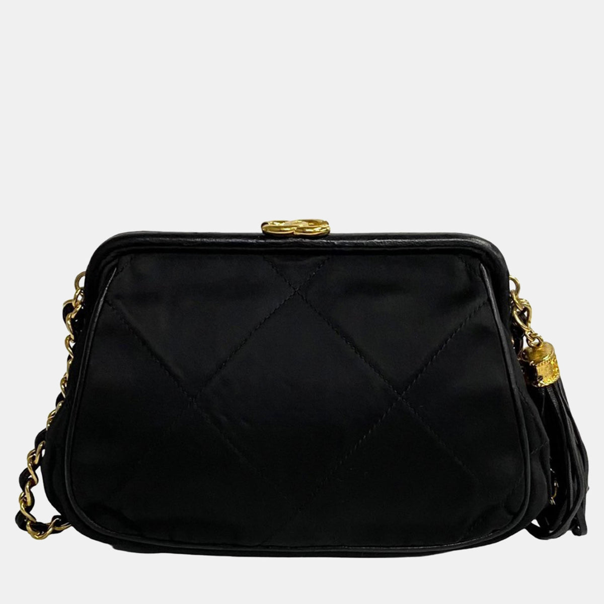 Chanel Black Satin Quilted Tassel Frame Crossbody Bag