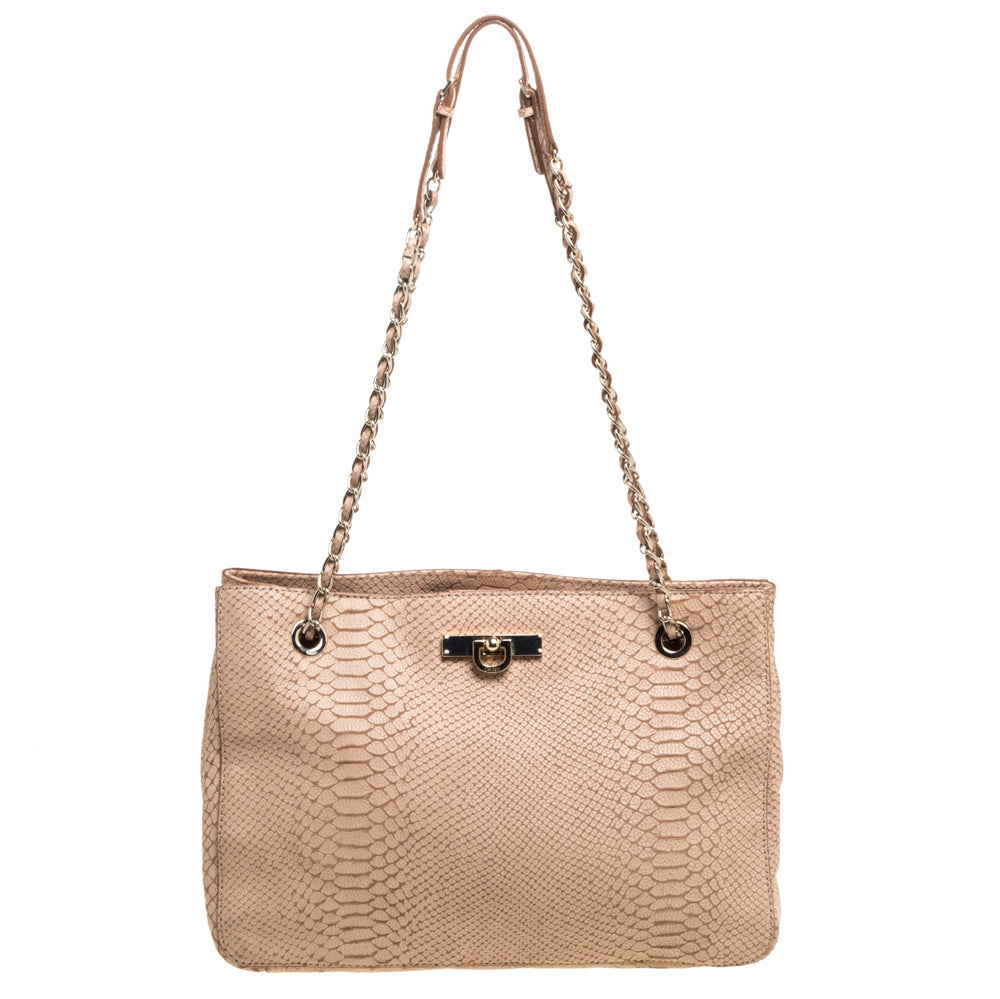 DKNY Peach Python Embossed Leather Chain Tote