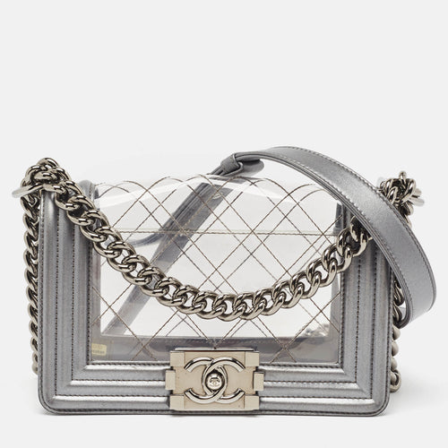 Grey/Clear Quilted PVC and Leather Small Boy Flap Bag