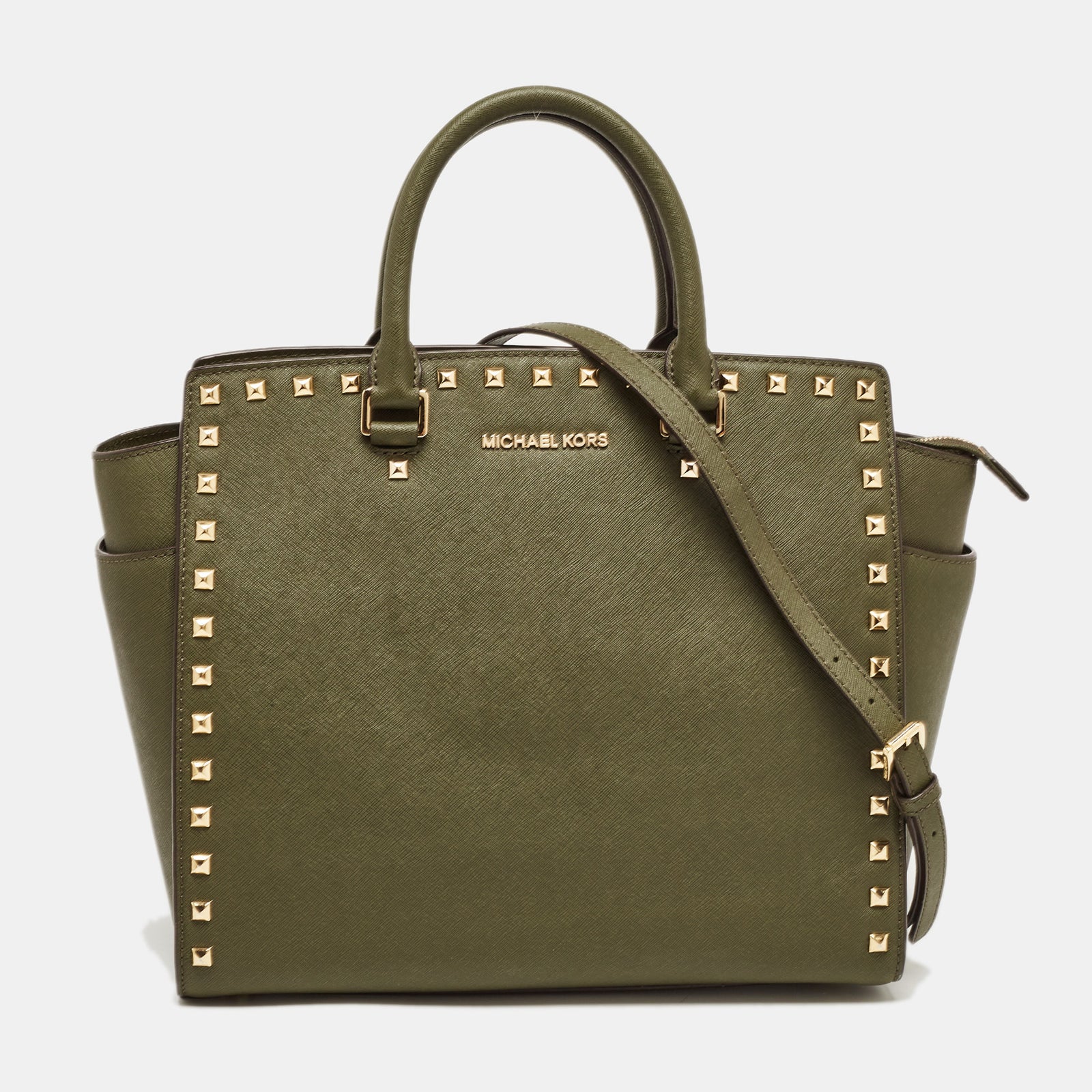 Michael Kors Michael Kors Green Studded Leather Large Selma Satchel