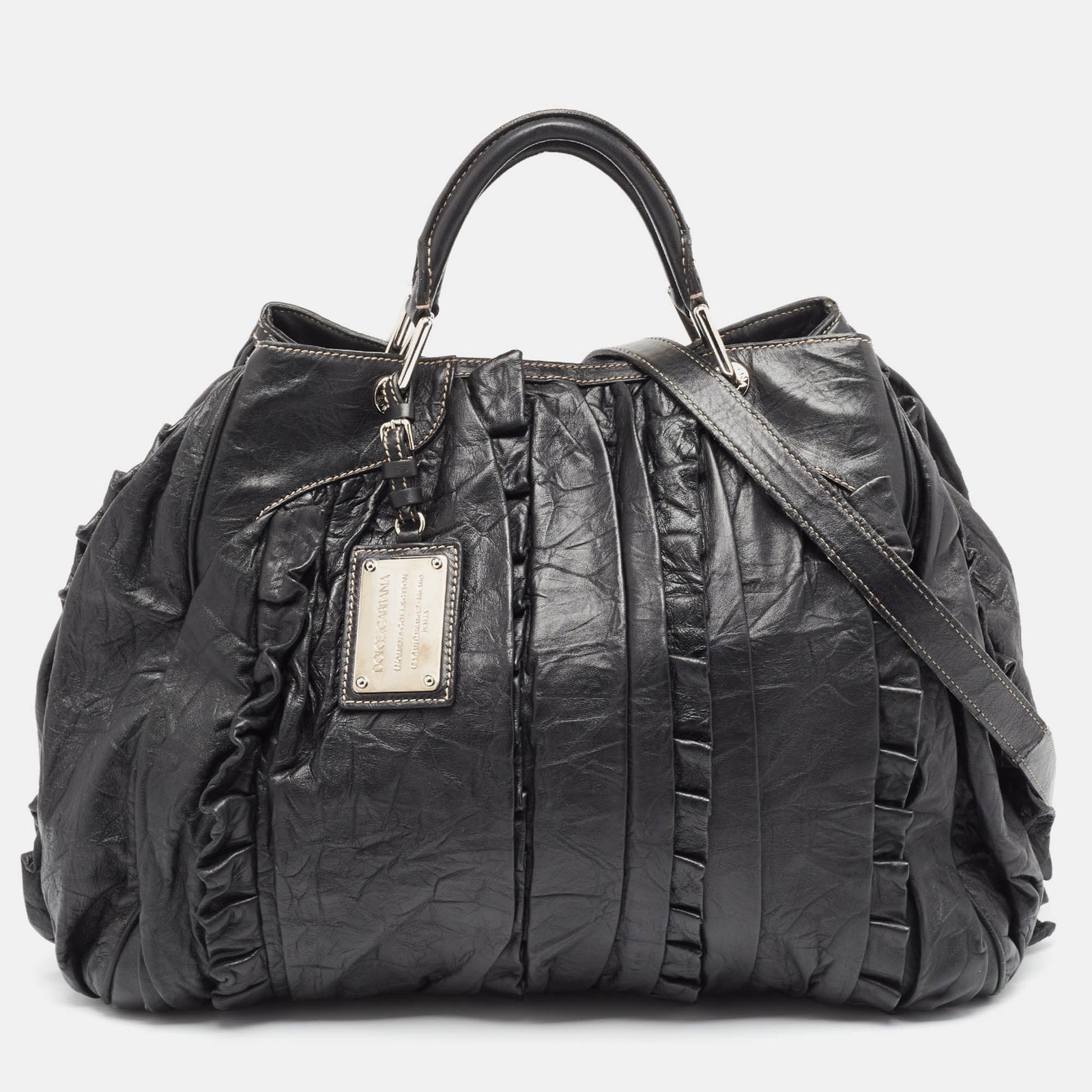 Dolce & Gabbana Black Leather Ruffle Miss Brooke Bag