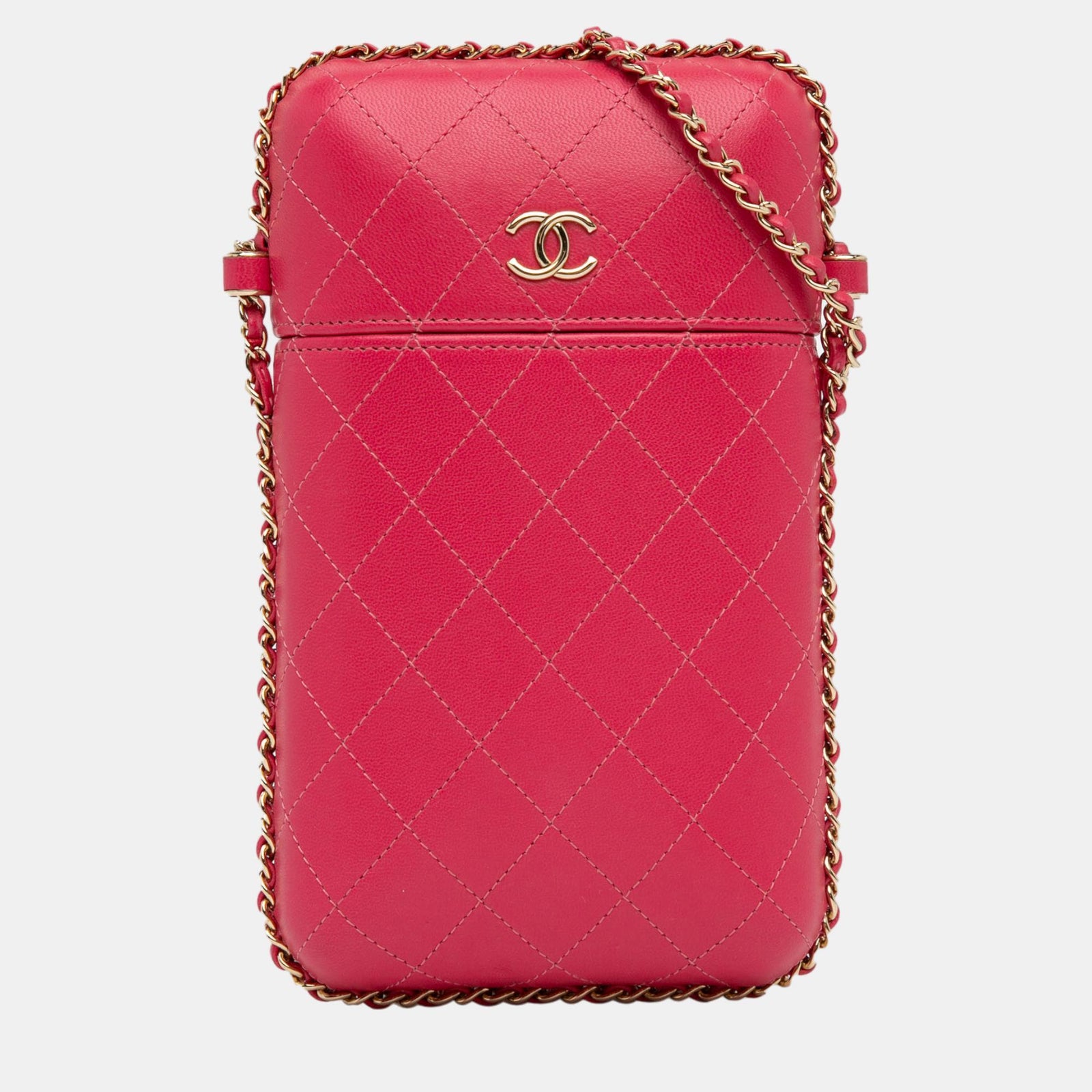 Chanel Porte-téléphone avec chaîne en cuir de veau matelassé rouge CC