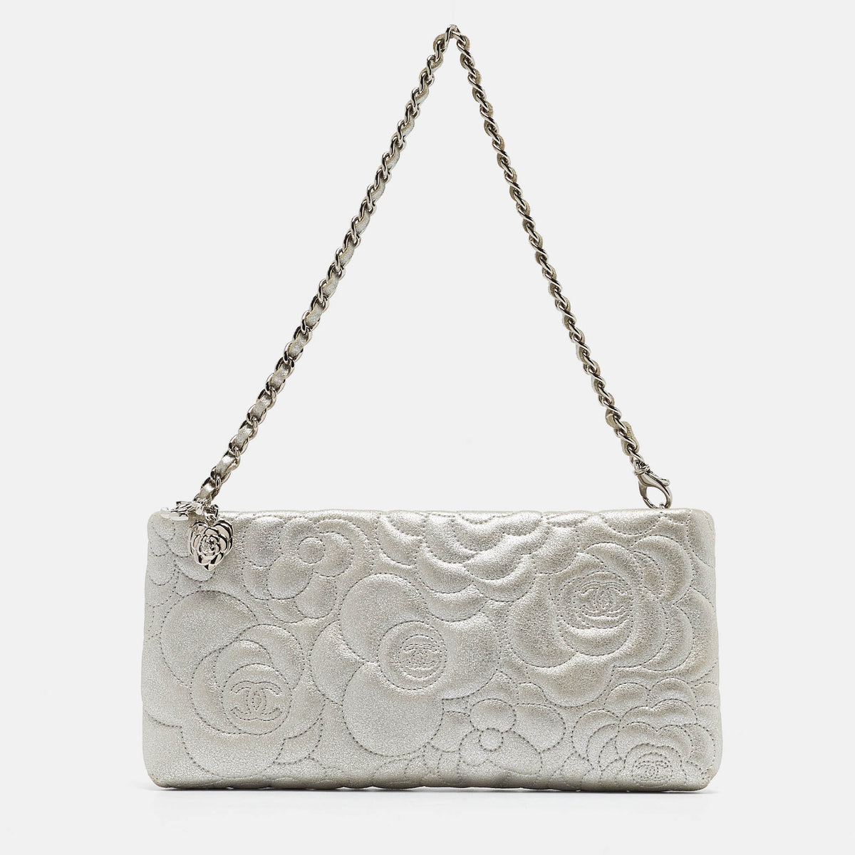 Chanel Grey Shimmer Nubuck Leather Camelia Embossed Chain Clutch
