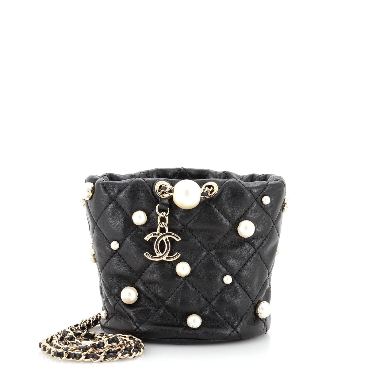 Chanel CHANEL Drawstring Round Bucket Bag Pearl Embellished Quilted Lambskin Mini