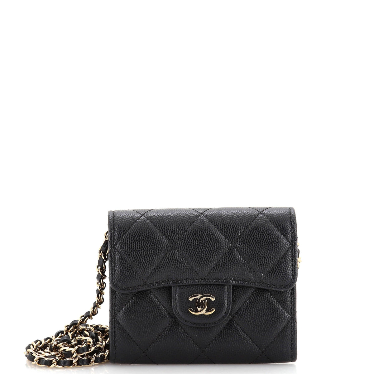 Chanel CHANEL Classic Zip Around Card Holder on Chain Quilted Caviar Mini