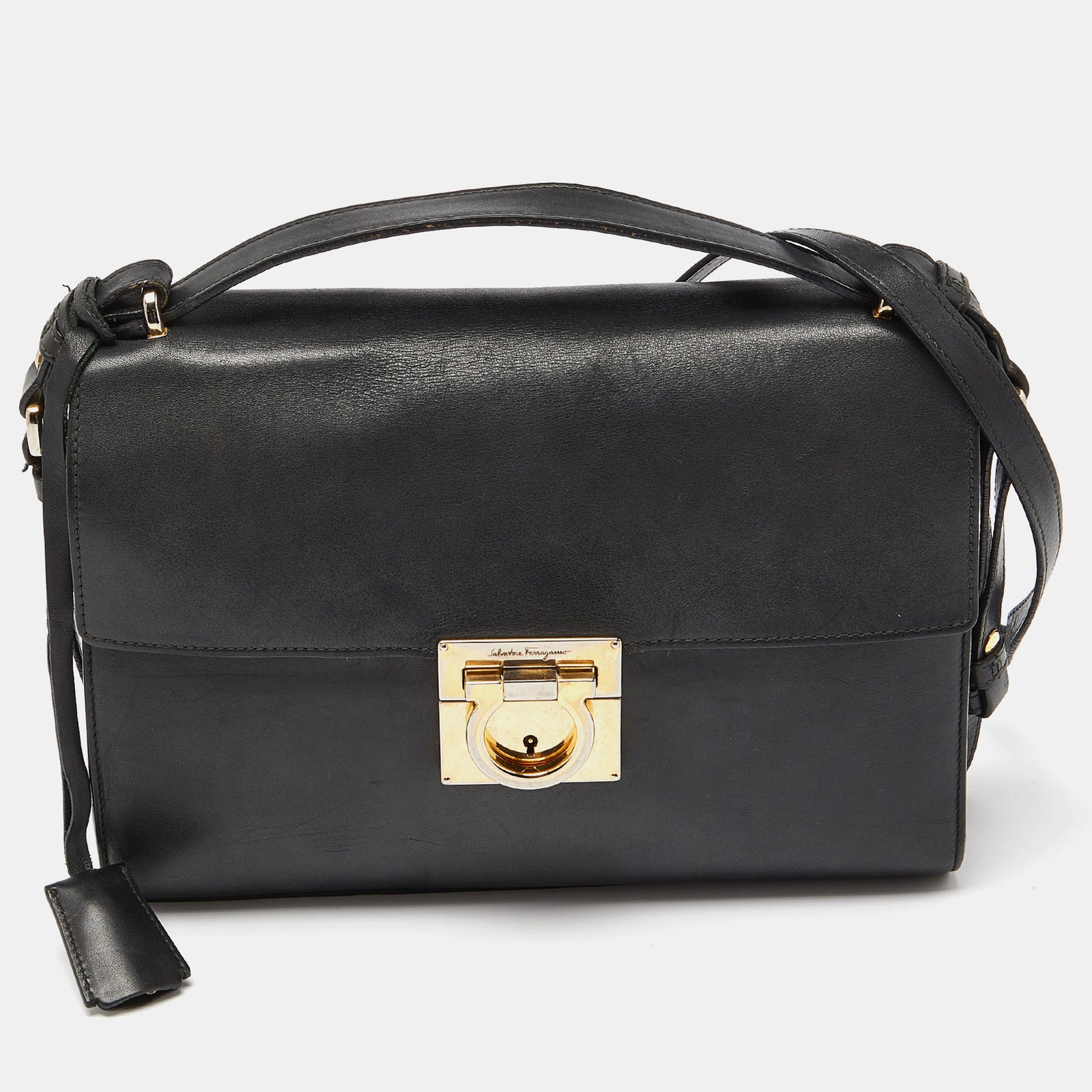 Salvatore Ferragamo Black Leather Gancio Lock Top Handle Bag