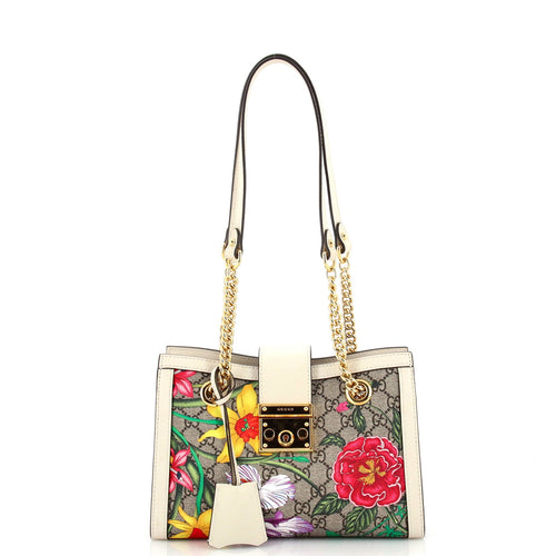 GUCCI Padlock Chain Tote Flora GG Coated Canvas Small