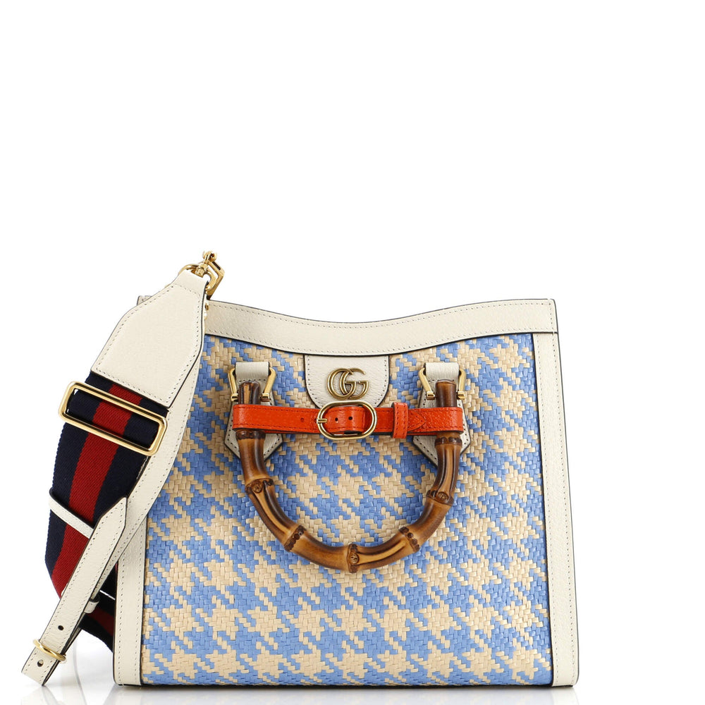 GUCCI Diana NM Tragetasche mit Bambusgriff, Hahnentritt-Bast, klein