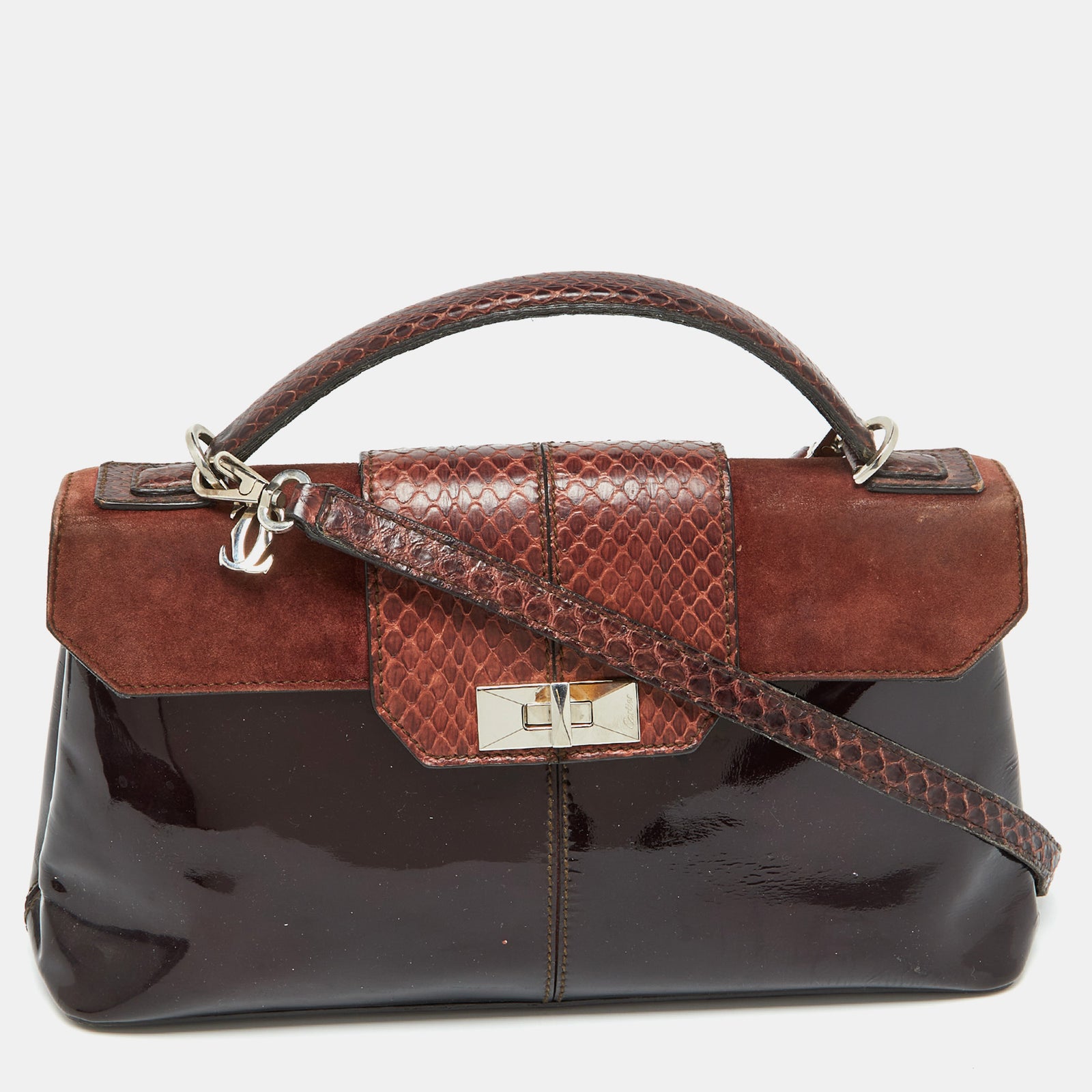 Cartier Sac à main en cuir verni marron foncé et peau de serpent de la ligne féminine