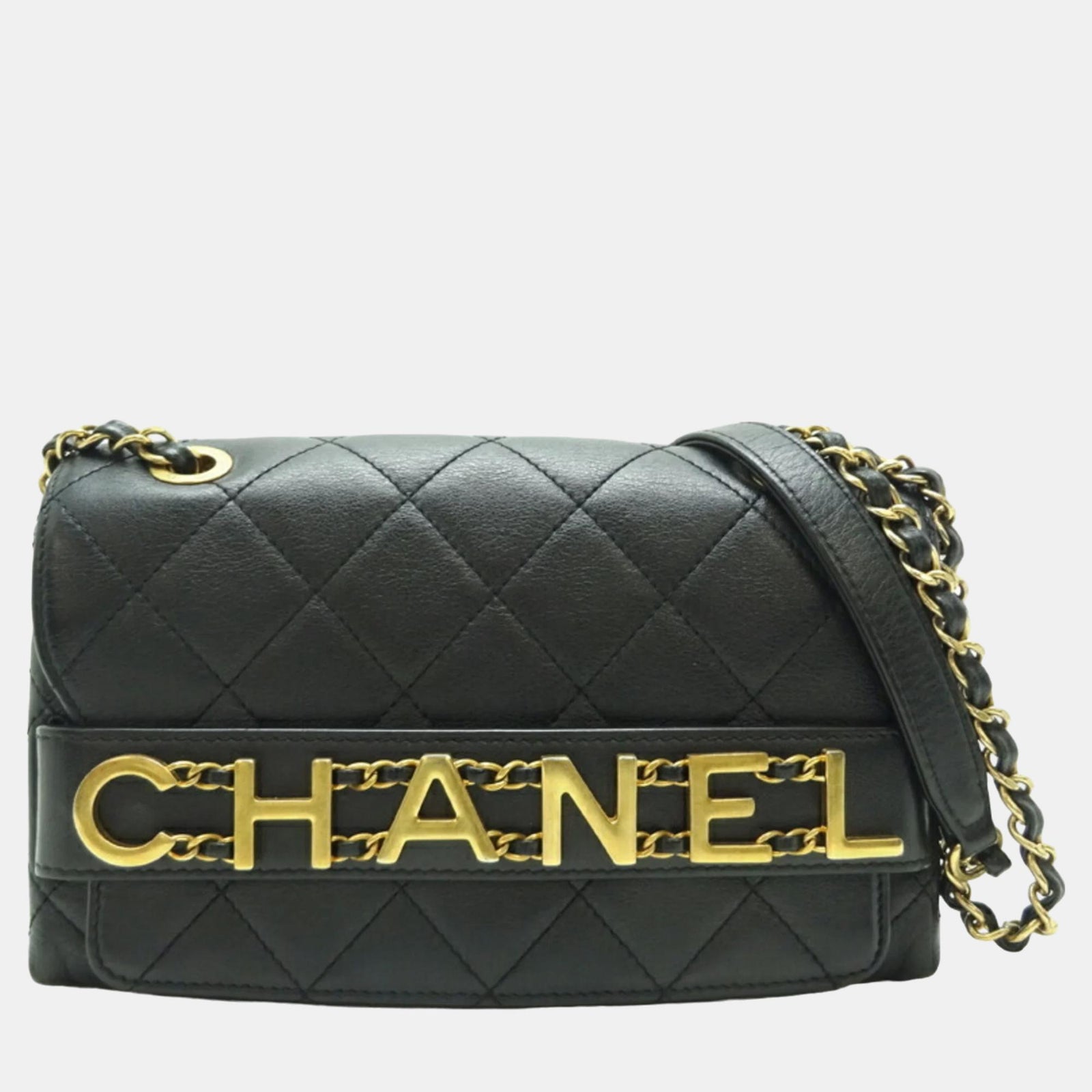 Chanel Sac à rabat en cuir de veau matelassé noir de taille moyenne avec logo enchaîné