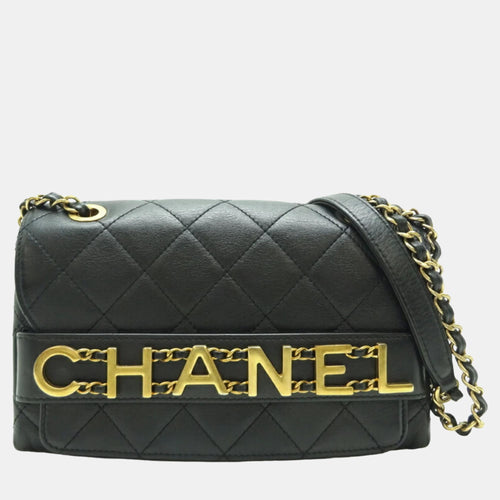 Black Quilted Calfskin Medium Logo Enchained Flap Bag