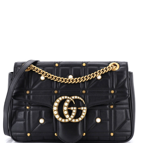 GUCCI Pearly GG Marmont Flap Bag Embellished Matelasse Leather Medium