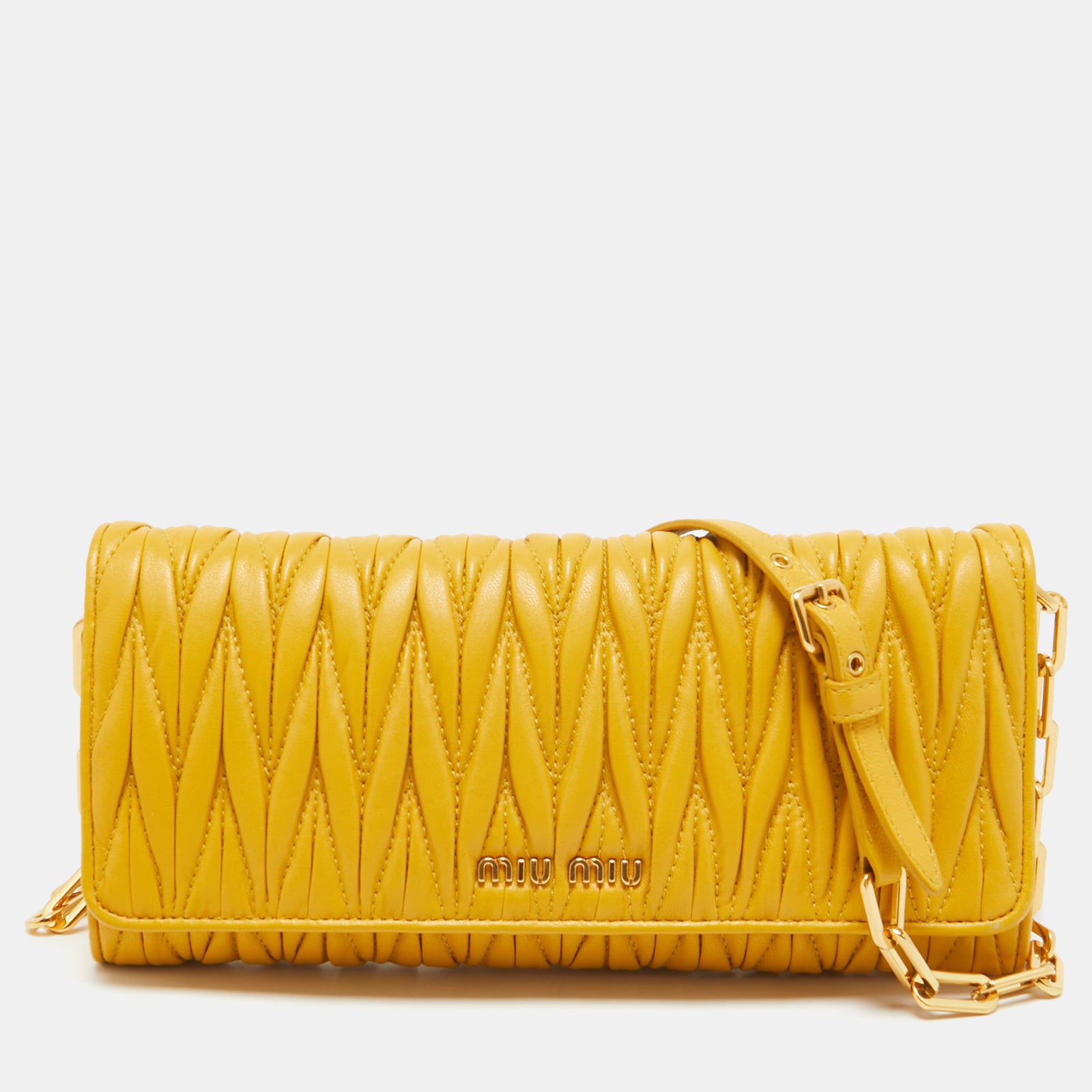 Miu Miu Mustard Matelass&eacute; Leather Flap Wallet On Chain