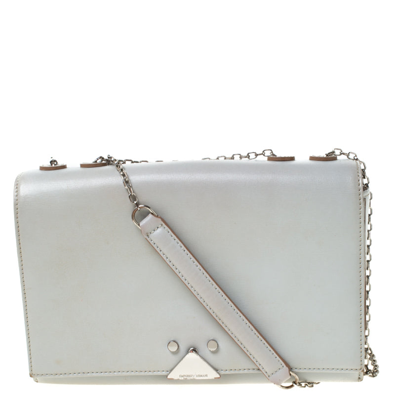 Emporio Armani Grey Leather Double Chain Shoulder Bag